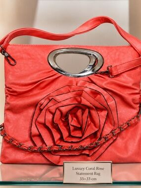 Luxury Coral Rose Statement Bag – Sculptural Design, Like New, Convertible Bag —
